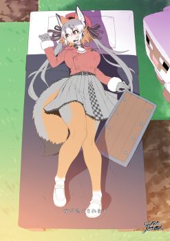 1boy 1girl :/ alternate_breast_size animal animal_ears bed belt breasts closed_mouth crossover dated day extra_ears fox_ears fox_girl fox_tail from_above full_body fur-trimmed_sleeves fur_trim gloves grey_gloves grey_hair grey_pantyhose grey_skirt hair_between_eyes hand_rest hand_up hat headset highres huge_breasts impossible_clothes impossible_jacket island_fox_(kemono_friends) jacket kemono_friends kemono_friends_v_project knees_together_feet_apart long_hair long_sleeves looking_at_another looking_to_the_side lying minecraft minecraft_shield miniskirt multicolored_hair necktie on_back on_bed orange_eyes orange_hair orange_pantyhose outdoors pantyhose parted_bangs red_jacket sheep sheep_(minecraft) shield shoes sidelocks signature skirt solo_focus tail twintails two-tone_legwear very_long_hair virtual_youtuber white_hair yoshida_hideyuki