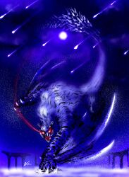 Rule 34 | absurdres, claws, deadpool yuchan, dragon, full body, full moon, glowing, glowing eyes, highres, light particles, looking at viewer, lucent nargacuga, monster, monster focus, monster hunter (series), moon, moonlight, nargacuga, night, night sky, no humans, open mouth, outdoors, red eyes, ruins, sharp teeth, shooting star, signature, sky, solo, spiked tail, star (sky), tail, teeth, white fur, winged arms, wings, wyvern