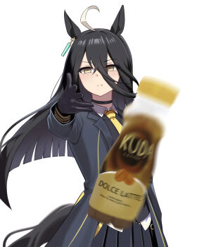 1girl ahoge animal_ears black_choker black_coat black_gloves black_hair black_skirt black_vest blunt_ends choker closed_mouth coat coffee collared_shirt ear_ornament ear_tag earrings frown gloves hair_between_eyes hand_up hem_peeking_out highres horse_ears horse_girl horse_tail jewelry kanghak long_hair long_hair_between_eyes long_sleeves looking_at_viewer manhattan_cafe_(creeping_shadow)_(umamusume) manhattan_cafe_(umamusume) meme multicolored_hair necktie open_clothes open_coat plastic_bottle pleated_skirt shirt simple_background single_earring skirt solo tail umamusume variant_set very_long_hair vest white_background white_hair white_shirt woe_plague_be_upon_ye_(meme) yellow_eyes yellow_necktie