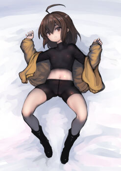 1girl ahoge bike_shorts black_boots black_shirt black_shorts boots breasts brown_eyes brown_hair cameltoe commentary_request covered_erect_nipples crop_top full_body gluteal_fold hair_between_eyes highres hood hoodie johan_(johan13) linne_(under_night_in-birth) long_sleeves looking_at_viewer lying medium_hair midriff navel off_shoulder on_back on_bed open_clothes open_hoodie parted_lips shirt shorts small_breasts solo tight_clothes under_night_in-birth white_mouth yellow_hoodie