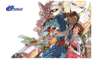 2boys 3girls absurdres aircraft airplane biplane bob_cut dianna_soreil dress flying gloves guin_sard_lineford gun gundam hairband highres kihel_heim logo loran_cehack mecha mobile_suit multiple_boys multiple_girls official_art retro_artstyle reveal rifle robot rock scan scarf scene_reference science_fiction sochie_heim statue steampunk title traditional_media turn_a_gundam v-fin weapon white_background yasuda_akira