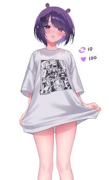 1girl absurdres beyo commentary english_commentary highres hololive hololive_english like_and_retweet looking_at_viewer ninomae_ina&#039;nis ninomae_ina&#039;nis_(loungewear) official_alternate_costume official_alternate_hairstyle pointy_ears print_shirt purple_eyes purple_hair shirt short_hair simple_background solo tentacle_hair twitter_strip_game virtual_youtuber white_background white_shirt