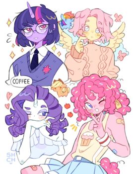 Rule 34 | 4girls, alternate costume, alternate hair length, alternate hairstyle, applejack, black necktie, blue eyes, blue skirt, blunt bangs, bob cut, bug, butterfly, chibi, chibi inset, cloud, colored skin, commentary, cupcake print, curly hair, english commentary, eyeshadow, feathered wings, fluttershy, glasses, highres, insect, long hair, looking at viewer, makeup, mane six (my little pony), multicolored hair, multiple girls, my little pony, my little pony: friendship is magic, necktie, one eye closed, personification, pink hair, pink skin, pink sweater, pinkie pie, pony (animal), purple eyes, purple eyeshadow, purple hair, purple sweater vest, rainbow dash, rarity (my little pony), round eyewear, sharpycharot, shirt, short hair, simple background, skirt, streaked hair, sweater, sweater vest, tank top, twilight sparkle, unicorn girl, unicorn horn, v, white background, white shirt, white skin, wings, yellow skin, yellow tank top