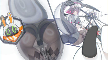 2girls absurdres against_glass ass ass_focus ass_on_glass ass_press black_hair character_request colored_inner_hair commentary_request ellen_joe fins fish_tail highres holding holding_weapon maid maid_headdress multicolored_hair multiple_girls pantyhose qing_mian scar scar_on_tail shark_girl shark_tail short_hair short_sleeves tail two-tone_hair weapon white_background zenless_zone_zero