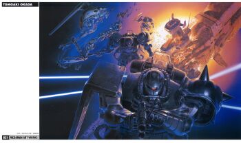 absurdres aiming aiming_at_viewer artist_name ball_(gundam) battle cable cannon debris earth_federation_space_forces energy_beam english_text explosion gun gundam heat_hawk highres machine_gun machinery mecha mecha_focus megellan_(gundam) mobile_suit mobile_suit_gundam no_humans okada_tomoaki one-eyed painting_(medium) realistic retro_artstyle robot scan science_fiction scope shield shoulder_spikes space spacecraft spikes thrusters traditional_media weapon zaku_ii zeon zero_gravity