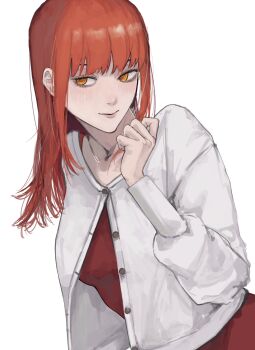1girl cardigan chainsaw_man closed_mouth dress highres kohaa_ku long_hair makima_(chainsaw_man) orange_eyes red_dress red_hair ringed_eyes simple_background solo white_background white_cardigan