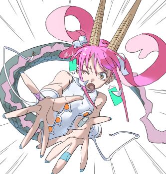 Rule 34 | 1girl, absurdres, bandaid, bandaid on hand, commentary request, dragon girl, dragon horns, dragon tail, earrings, highres, himuro yukichiko, horns, jewelry, long hair, one eye closed, open mouth, scales, signature, solo, tail