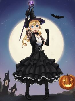 1girl bat_(animal) black_boots black_bow black_bowtie black_dress black_gloves black_hat black_pantyhose blonde_hair boots bow bowtie commentary_request cross-laced_clothes cross-laced_dress dress elbow_gloves frilled_dress frills gloves halloween hat holding holding_staff huge_moon jack-o&#039;-lantern k1_okuda long_hair looking_at_viewer moon night open_mouth original pantyhose solo staff witch witch_hat