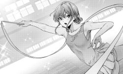 1girl ao_no_hako athletic_leotard bare_arms bare_shoulders breasts chouno_hina collarbone dutch_angle greyscale gym gymnastics hair_bun highres holding indoors leotard lower_teeth_only monochrome open_mouth outstretched_arm ribbon ribbon_baton sakayama_shinta small_breasts solo sparkle sweat teeth