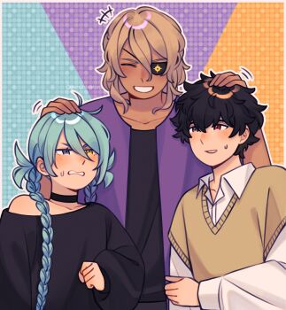 1girl 2boys ai_the_somnium_files ai_the_somnium_files:_nirvana_initiative alternate_costume annoyed black_hair black_shirt blonde_hair blue_hair casual choker closed_eyes date_kaname dehubbleton eyepatch grin hand_on_another&#039;s_head height_difference heterochromia highres multiple_boys okiura_mizuki red_eyes ryuki_kuruto shirt simple_background smile upper_body yellow_eyes