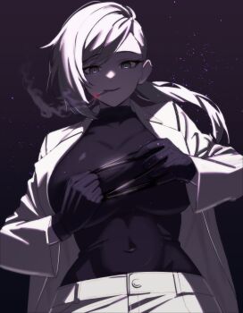 1girl absurdres black_eyes black_shirt breasts cigarette clothes_pull coat commission covered_navel highres impossible_clothes impossible_shirt large_breasts long_hair long_sleeves looking_at_viewer low_ponytail open_clothes open_coat open_mouth original ponytail pulling_own_clothes shirt shirt_pull smile smoking solo upper_body white_coat white_hair ysoa26