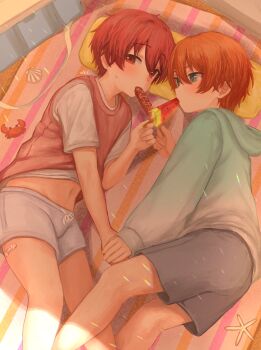 2boys absurdres aqua_eyes aqua_hoodie artist_name bandaid bandaid_on_thigh beach_towel blush child commentary_request crab feeding feet_out_of_frame food grey_shorts highres holding holding_food holding_hands holding_popsicle hood hoodie hot_dog lens_flare looking_at_viewer lying male_focus multiple_boys mutual_feeding navel on_side original popsicle red_eyes red_hair sand seashell shell shirt short_shorts shorts t-shirt towel yuxi