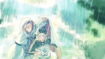 2boys black_hair blush cloak closed_eyes hair_slicked_back harusabin hood hood_up jacket julius_juukulius long_sleeves male_focus multiple_boys natsuki_subaru open_mouth outdoors purple_hair rain re:zero_kara_hajimeru_isekai_seikatsu short_hair smile spirit track_jacket yaoi