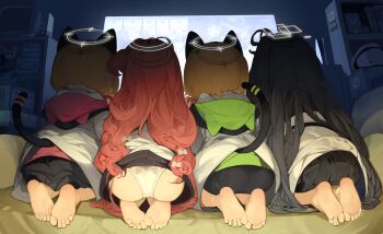 4girls absurdres animal_ear_headphones animal_ear_headwear animal_ears aris_(blue_archive) ass back-print_panties barefoot black_hair black_skirt blonde_hair blue_archive bow cat_ear_headphones cat_ears cat_tail clothes_lift controller fake_animal_ears fake_tail feet foot_focus from_behind game_controller game_controller_print hair_bow halo headphones highres holding holding_controller holding_game_controller hood hood_down indoors jacket knight_(hollow_knight) loli long_hair menthako midori_(blue_archive) momoi_(blue_archive) multiple_girls panties playing_games pleated_skirt print_panties red_hair seiza short_hair siblings sisters sitting skirt skirt_lift soles tail toes twins underwear white_bow white_jacket white_panties yuzu_(blue_archive)