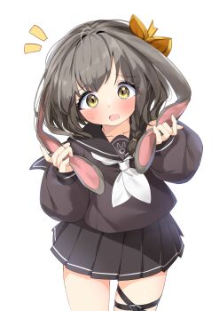 1girl absurdres animal_ears black_hair black_serafuku black_skirt blush braid breasts brown_hair chaos_zero_nightmare collarbone hair_ornament hand_on_own_ear highres long_sleeves looking_at_viewer miniskirt mochifuyu_shiro neckerchief open_mouth pulling_own_ear school_uniform serafuku short_hair skirt solo veronica_(chaos_zero_nightmare) white_neckerchief wide_sleeves yellow_eyes