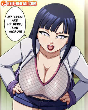 1girl artist_name black_hair breasts cleavage collarbone covered_erect_nipples english_text fishnets hands_on_own_hips highres hyuuga_hinata large_breasts purple_eyes leaning_forward legs_together lips long_hair looking_at_viewer naruto:_road_to_ninja naruto_(series) naruto_shippuuden nipples no_pupils open_mouth reit see-through_clothes solo speech_bubble standing teeth tongue watermark web_address