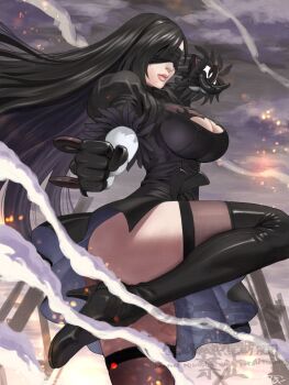 1girl 2b_(nier:automata) 2b_(nier:automata)_(cosplay) 5tatsu ass_peek black_boots black_dress black_gloves black_hair black_hairband blindfold boots breasts cleavage cleavage_cutout closed_mouth clothing_cutout cloud cloudy_sky commentary_request company_connection cosplay dress embers feather-trimmed_sleeves fighting_stance final_fantasy final_fantasy_vii final_fantasy_vii:_ever_crisis floating_hair foot_out_of_frame from_side gloves grey_sky hairband high_heels highres juliet_sleeves large_breasts leg_up lips long_hair long_sleeves nier:automata nier_(series) official_alternate_costume outdoors pink_lips puffy_sleeves ruins side_slit sky solo standing standing_on_one_leg thigh_boots thighhighs thighhighs_under_boots thighs tifa_lockhart tifa_lockhart_(battler_ensemble)
