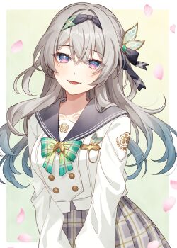 1girl bad_link blue_hair bow bowtie buttons double-breasted falling_petals firefly_(honkai:_star_rail) firefly_(spring_missive)_(honkai:_star_rail) gradient_hair green_bow green_bowtie green_hair grey_hair grey_sailor_collar grey_skirt hairband highres honkai:_star_rail honkai_(series) long_hair multicolored_eyes multicolored_hair open_mouth petals plaid_bow plaid_bowtie plaid_clothes plaid_skirt pleated_skirt pochimaru_(marumaru_wanwan) purple_eyes sailor_collar school_uniform serafuku shirt skirt solo two-tone_eyes two-tone_hair upper_body white_shirt