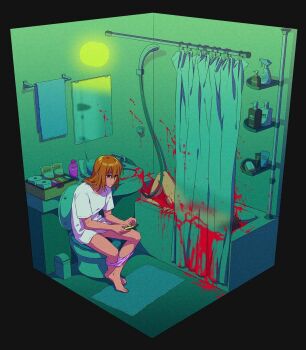 1girl 1other bathroom bathtub black_eyes blood blood_on_flower blood_on_wall blurry commentary convenient_censoring corpse curtains highres holding holding_phone isometric knee_up knees_apart_feet_together long_hair looking_at_object mirror murder original panties panty_pull phone pink_hair pink_panties pool_of_blood reflective_surface rug saragi_n0r0 shampoo shirt shower_head sink slouching t-shirt toilet toilet_paper towel towel_rack trash_can underwear undressing white_shirt