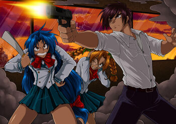 1boy 2girls ango76 angry belt black_pants blue_hair blue_skirt bow bowtie brown_eyes chidori_kaname cross_scar facial_scar firing full_metal_panic! glasses gun hand_fan handgun holding holding_fan holding_gun holding_weapon jindai_high_school_uniform long_hair low-tied_long_hair multiple_girls pants red_bow red_bowtie sagara_sousuke scar scar_on_cheek scar_on_face scared school_uniform shirt skirt smoke spiked_hair tokiwa_kyouko twintails weapon white_shirt