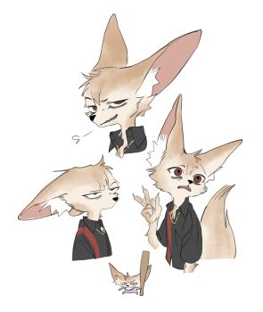 1boy black_shirt body_fur brown_eyes brown_fur claws commentary_request fang fennec_fox finnick_(zootopia) fox_boy furry furry_male highres jinjijara_03 korean_commentary looking_at_viewer male_focus multiple_views shirt simple_background skin_fang tail white_background zootopia