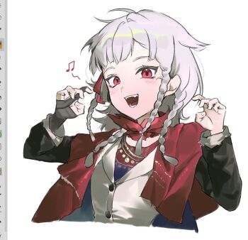 1girl :d art_program_in_frame beamed_eighth_notes black_coat black_gloves claw_pose cloak coat cropped_torso fangs fingerless_gloves gloves guni_(9guniguni) hands_up highres jacket medium_hair musical_note open_mouth quad_braids red_cloak red_eyes reverse:1999 rubuska single_glove smile solo teeth upper_body white_background white_hair white_jacket