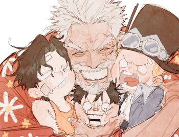 Rule 34 | 4boys, ^ ^, aged down, bandaid, bandaid on face, bandaid on nose, beard, black hair, black hat, blank eyes, closed eyes, collared shirt, commentary request, facial hair, freckles, goggles, goggles on headwear, hat, highres, korean commentary, male focus, missing tooth, mnnd, monkey d. garp, monkey d. luffy, multiple boys, old, old man, one piece, orange tank top, portgas d. ace, sabo (one piece), scar, scar on face, shirt, short hair, tank top, white hair