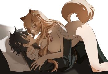 1boy 1girl absurdres animal_ear_fluff animal_ears bandaged_chest bandaged_hand bandaged_head bandaged_neck bandages black_hair black_pants black_shirt blunt_bangs breasts brown_hair chinese_commentary closed_mouth collared_shirt commentary commentary_request completely_nude couple dice657523 english_commentary green_eyes hair_between_breasts hair_between_eyes hands_on_another&#039;s_shoulders hetero highres iwatani_naofumi large_breasts lips long_hair long_sleeves looking_at_another lying lying_on_another mixed-language_commentary nude on_bed pants parted_lips pinned raccoon_ears raccoon_girl raccoon_tail raphtalia red_eyes shirt short_hair signature simple_background straight_hair sweatdrop tail tate_no_yuusha_no_nariagari watermark white_background