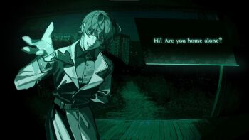 1boy :d arm_behind_back belt black_eyes black_shirt character_request check_character coat collared_shirt commentary english_commentary english_text green_theme head_tilt heterochromia kim_dokja leaning_forward looking_at_viewer ma_someru male_focus night no_i&#039;m_not_a_human omniscient_reader&#039;s_viewpoint open_mouth outstretched_hand parody popped_collar porch pov red_eyes shirt short_hair smile solo