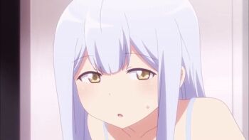 1girl animated animated_gif back bra dressing gabriel_dropout inconvenient_breasts long_hair raphiel_shiraha_ainsworth screencap undersized_clothes underwear white_bra white_hair