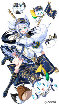 1girl animal_ears arm_behind_head arm_up belt black_hat blue_belt blue_boots boots commentary_request commission flag fox_ears fox_girl fox_tail gold_trim hat holding holding_flag hololive jacket long_sleeves looking_at_viewer momone_cco official_art open_mouth pentagram shirakami_fubuki shirt simple_background skirt smile sukonbu_(shirakami_fubuki) tail thigh_strap virtual_youtuber white_background white_jacket white_shirt white_skirt