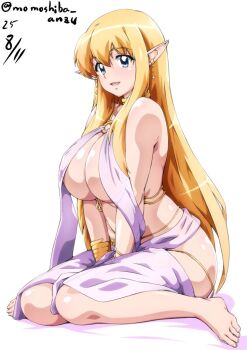 1girl artist_name blonde_hair blue_eyes bracelet breasts celestine_lucullus celestine_lucullus_(cosplay) center_opening cleavage cosplay dated dress earrings elf feet huge_breasts jewelry kuroinu_~kedakaki_seijo_wa_hakudaku_ni_somaru~ long_hair looking_at_viewer nafta no_bra o-ring o-ring_top pointy_ears simple_background sitting smile thighs tiffania_westwood wariza white_background white_dress zero_no_tsukaima