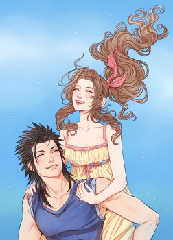 1boy 1girl aerith_gainsborough bare_arms bare_shoulders black_hair blue_sky breasts brown_hair carrying closed_eyes cloud cloudy_sky collarbone commentary couple crisis_core:_final_fantasy_vii crylin6 dress english_commentary final_fantasy final_fantasy_vii floating_hair hair_ribbon hands_on_another's_shoulders hetero highres lips long_hair parted_lips piggyback pink_ribbon ponytail ribbon shirt sky sleeves_rolled_up small_breasts smile spiked_hair upper_body white_shirt yellow_dress zack_fair