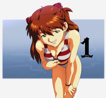 1girl amondetauro bare_shoulders bikini breasts cleavage interface_headset_(evangelion) legs long_hair looking_at_viewer navel neon_genesis_evangelion orange_hair smile souryuu_asuka_langley striped_bikini striped_clothes swimsuit thighs unzipped zipper zipper_bikini