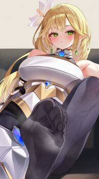 1girl absurdres armor armpits bare_shoulders black_pantyhose blonde_hair breastplate breasts commission earrings elf feet flower gimseol green_eyes hair_flower hair_ornament highres jewelry large_breasts leg_up long_hair looking_at_viewer original pantyhose parted_lips pointy_ears presenting_foot see-through_pantyhose soles solo sweat toes