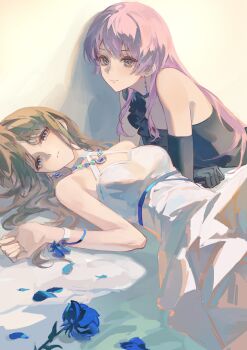 2girls absurdres bang_dream! bang_dream!_it's_mygo!!!!! black_dress black_gloves blue_eyes blue_flower blue_rose chihaya_anon chinese_commentary commentary_request dress earrings elbow_gloves flower gloves grey_eyes highres jewelry long_hair looking_at_viewer lying multiple_girls nagasaki_soyo necklace on_back parted_lips pink_hair rose sidelocks sleeveless sleeveless_dress was775 white_dress