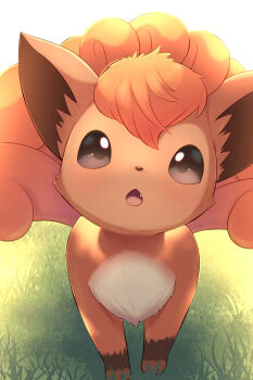 :o brown_eyes commentary_request fang gen_1_pokemon grass highres looking_at_viewer nintendo no_humans open_mouth pokemon pokemon_(creature) pokemon_focus rumine_(yoshi1234567) solo standing vulpix