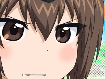 1girl blush brown_eyes brown_hair clenched_teeth commentary_request frown garrison_cap girls_und_panzer gunuaki hat kuromorimine_military_uniform military military_hat military_uniform nishizumi_maho scene_reference short_hair solo teeth upper_body