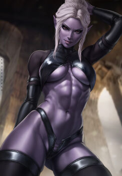Rule 34 | 1girl, abs, arm behind head, artist name, baldur's gate, baldur's gate 3, black panties, black sleeves, black thighhighs, blurry, blurry background, breasts, colored skin, crop top, dandon fuga, dark elf, detached sleeves, elf, female focus, gluteal fold, grey skin, highleg, highleg panties, highres, latex, latex panties, latex sleeves, lips, looking at viewer, minthara, muscular, muscular female, navel, panties, pointy ears, sidelocks, smile, solo, stomach, thick thighs, thighhighs, thighs, underboob, underwear, white hair
