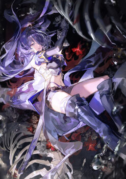 1girl absurdres acheron_(honkai:_star_rail) asymmetrical_footwear black_choker black_gloves black_shorts bone boots chain choker coat coattails detached_sleeves flower gloves hair_over_one_eye highres honkai:_star_rail honkai_(series) long_hair midriff navel purple_eyes purple_hair red_flower scabbard sheath sheathed short_shorts shorts single_bare_shoulder skeleton solo stomach sword thigh_boots tian_(my_dear) weapon white_coat