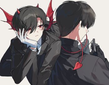 2boys absurdres ariake_(ooe) black_gloves black_hair black_pants blush carrying_over_shoulder cassock collared_shirt cross cross_necklace curtained_hair demon_horns demon_tail demon_wings fkqlckstm11 from_behind gloves hair_between_eyes hair_over_one_eye hashtag-only_commentary highres holding holding_cross horns jewelry lapels long_sleeves male_focus multiple_boys necklace ooe_(game) oosaki_(ooe) pants pout red_eyes shirt short_hair tail tail_wrap teardrop upper_body white_gloves wings yaoi