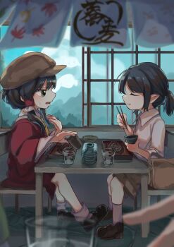 2girls ascot black_hair black_shoes blue_sky blurry blurry_foreground bowl brown_bag brown_eyes brown_hat brown_shorts chair chopsticks closed_eyes closed_mouth cloud cloudy_sky collared_shirt commentary_request cup day drinking_glass eating food frilled_hair_tubes frills hair_tubes hakurei_reimu hat highres holding holding_bowl holding_chopsticks indoors jacket long_hair long_sleeves matsukuzu multiple_girls newsboy_cap noodles open_mouth pointy_ears ponytail red_jacket restaurant shameimaru_aya shameimaru_aya_(newsboy) shirt shoes short_hair short_ponytail shorts sitting sky soba socks table touhou white_shirt white_socks yellow_ascot