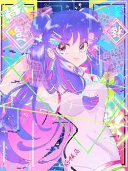 Rule 34 | 1girl, character name, china dress, chinese clothes, double bun, dress, en 0410, hair bun, highres, long hair, multicolored background, pink dress, purple hair, ranma 1/2, shampoo (ranma 1/2), short dress, sidelocks, smile