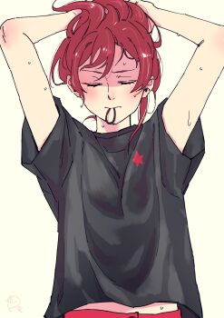 Rule 34 | 1girl, arms up, black shirt, closed eyes, closed mouth, commentary request, hair tie in mouth, highres, love live!, love live! school idol project, mouth hold, nishikino maki, red hair, school uniform, shirt, simple background, solo, surfacedxxc, sweat, tying hair, yellow background