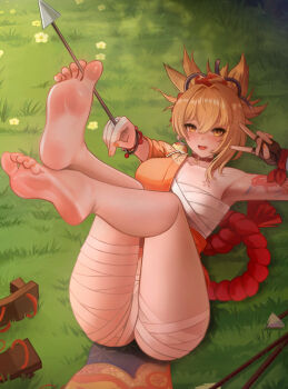 1girl absurdres arm_tattoo arrow_(projectile) bandaged_leg bandages barefoot between_toes black_gloves blonde_hair bracelet breasts chest_sarashi choker collarbone commentary feet fingerless_gloves flower_tattoo foot_focus foreshortening genshin_impact geta gloves grasslands hadanugi_dousa hair_ornament highres holding holding_arrow japanese_clothes jewelry kimono large_breasts legs_up long_hair lying nail_polish on_back open_kimono open_mouth orange_kimono orange_nails outdoors ponytail presenting_foot puppnett red_choker rope sandals sarashi shimenawa single_glove soles solo tattoo toes unworn_sandals v yellow_eyes yoimiya_(genshin_impact)