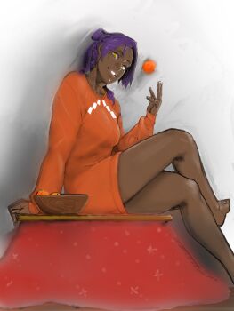 1girl barefoot bleach bowl breasts collarbone crossed_legs dark-skinned_female dark_skin female_focus food fruit hair_ornament highres long_hair looking_at_viewer orange_(fruit) parted_bangs ponytail purple_hair shihouin_yoruichi shiny_skin simple_background sitting sweater tata_(pixiv57531723) teeth yellow_eyes