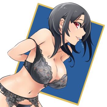 1girl black_bra black_hair black_panties bra breasts cleavage commentary_request cowboy_shot garter_straps kantai_collection large_breasts lips looking_at_viewer navel panties parted_lips profile red_eyes removing_bra short_hair solo square takao_(kancolle) udukikosuke underwear underwear_only white_background