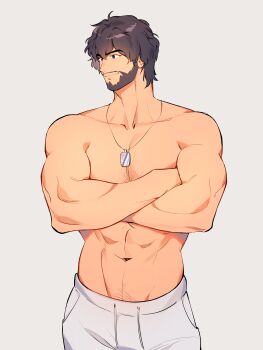 1boy abs absurdres bara beard brown_hair carlos_oliveira chest_hair commentary commentary_request crossed_arms dog_tags english_commentary facial_hair feet_out_of_frame highres hirusuhi large_pectorals looking_to_the_side male_focus mature_male muscular muscular_male navel navel_hair pants pectorals resident_evil resident_evil_3:_nemesis resident_evil_3_(remake) short_hair smile solo stomach textless_version topless_male track_pants white_pants