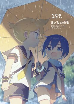2boys artist_name blue_scarf blurry blurry_background child colored_eyelashes commentary_request cowboy_shot dated holding holding_umbrella implied_yaoi kagamine_len kaito_(vocaloid) looking_at_another male_focus medium_hair multiple_boys necktie open_mouth rain scarf shared_umbrella sharing shorts signature sinaooo umbrella vocaloid yellow_necktie