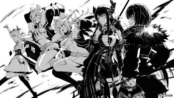 5girls animal_ears bandaid bandaid_hair_ornament blunt_bangs claw_(weapon) clothing_cutout coat collared_shirt commentary copyright_notice corset cropped_jacket cropped_shirt crossed_bangs dog_ears dog_girl dog_tail double-parted_bangs dress dress_shirt english_commentary fake_horns feather-trimmed_jacket fur-trimmed_coat fur-trimmed_jacket fur_trim fuwawa_abyssgard fuwawa_abyssgard_(1st_costume) gloves greyscale hair_between_eyes hair_flaps hair_ornament hairband hairclip holding holoadvent hololive hololive_english horn_hairband jacket jailbird_(nerissa_ravencroft) koseki_bijou koseki_bijou_(1st_costume) kuroi_susumu long_hair long_sleeves looking_ahead midriff miniskirt mococo_abyssgard mococo_abyssgard_(1st_costume) monochrome multicolored_hair multiple_girls navel nerissa_ravencroft nerissa_ravencroft_(1st_costume) official_art open_mouth pencil_skirt ribbed_shirt shiori_novella shiori_novella_(1st_costume) shirt short_hair short_shorts shorts shoulder_cutout siblings side_slit sidelocks sisters skirt split-color_hair standing tail twins two_side_up vest virtual_youtuber weapon
